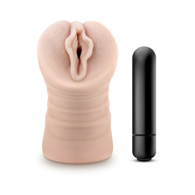 M for Men Ashley Vanilla soft textured masturbator with black one-speed vibrating bullet on white background