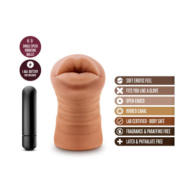 Mocha tan soft mouth stroker with ribbed canal and single speed vibrating bullet beside it, product features listed.