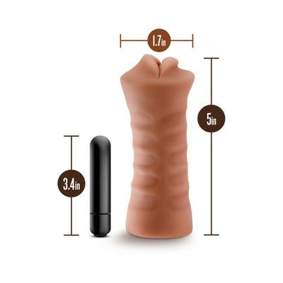 Mocha tan textured mouth stroker with plump lips and a black 3.4-inch bullet vibrator, dimensions shown.