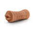 Mocha tan soft textured mouth stroker with realistic lips and ribbed exterior design.