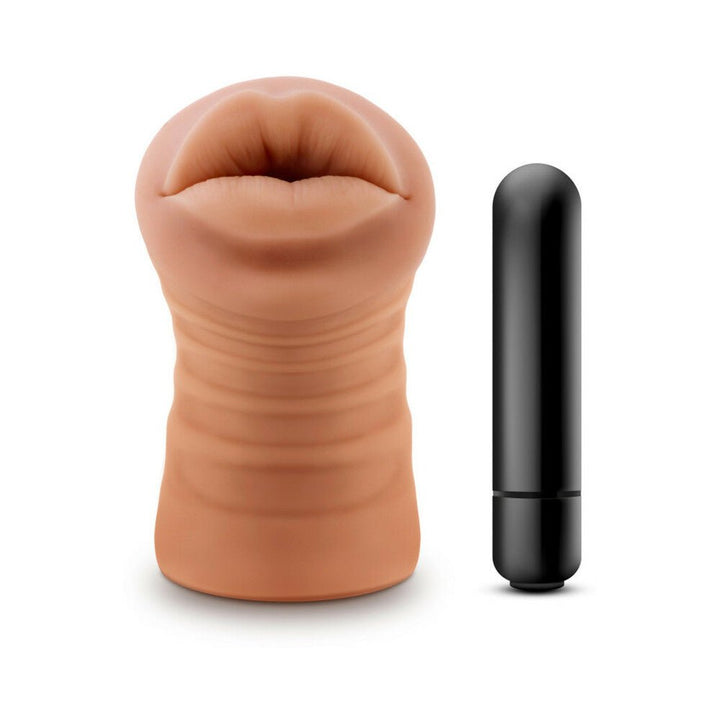 M For Men Isabella Mocha Tan mouth stroker with realistic lips and black vibrating bullet on white background.