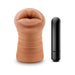 M For Men Isabella Mocha Tan mouth stroker with realistic lips and black vibrating bullet on white background.