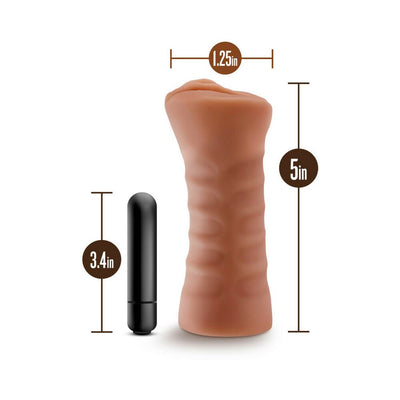Mocha tan textured male stroker with included black bullet vibrator and size measurements on white background.