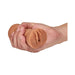 Hand holding a mocha tan M For Men Julieta soft textured vagina stroker with open-ended design.