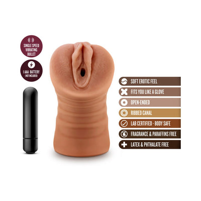 Mocha tan M For Men Julieta vagina stroker with single speed vibrating bullet and product feature icons.
