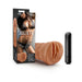M For Men Julieta Mocha Tan textured open-ended stroker with black bullet vibrator and packaging box featuring model in bikini