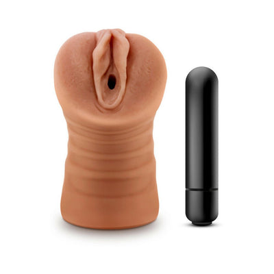 Mocha tan realistic textured male stroker with removable black bullet vibrator on white background.