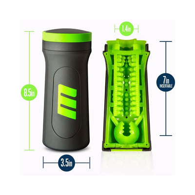 Black and green Blush M for Men M2 Superior Stroker with internal textured chambers and dimensions shown.