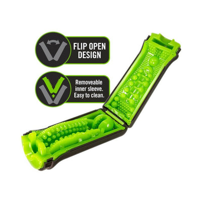 Open Blush M for Men M2 Superior Stroker showing textured removable green inner sleeve with flip-open design for easy cleaning.