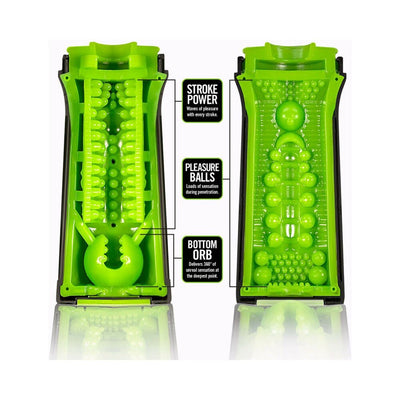 Cross-section view of the Blush M for Men M2 Superior Stroker showing internal textured chambers and pleasure balls in bright green.