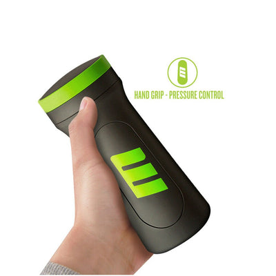 Hand holding black and green Blush M for Men M2 Superior Stroker with pressure control grip shown