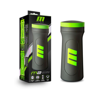 Blush M for Men M2 Superior Stroker in black with neon green accents next to its packaging box.