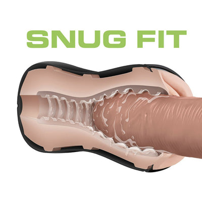 Cross-section view of a textured male pleasure sleeve demonstrating a snug fit and internal ridges for enhanced sensation.
