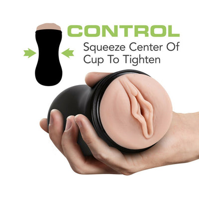 Hand holding a black textured male pleasure cup with a realistic vaginal opening, showing how to squeeze the center to tighten.