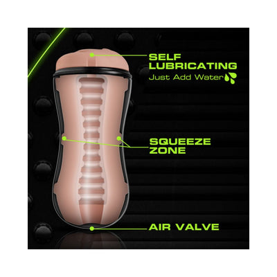 Cross-section view of a self-lubricating male pleasure sleeve highlighting squeeze zone and air valve features.