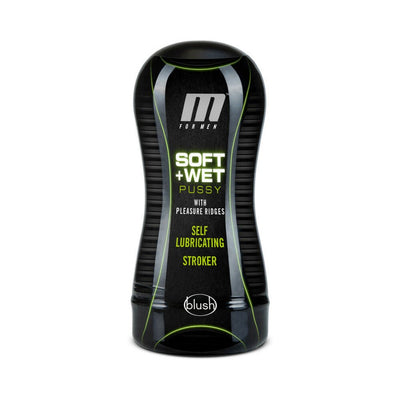 Black M For Men Soft + Wet Pussy self-lubricating stroker with pleasure ridges packaging.