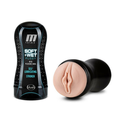 M for Men Soft + Wet self-lubricating stroker with textured pleasure orbs and black ergonomic case.