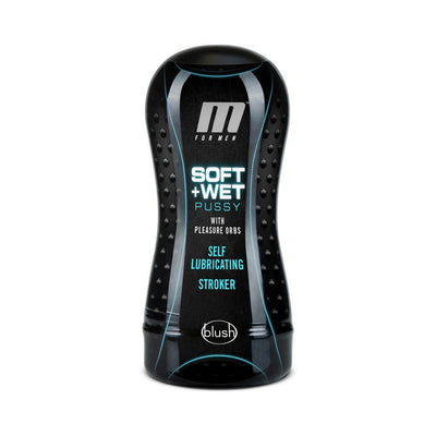 Black M for Men Soft + Wet Pussy self-lubricating stroker with textured grip and blue accents.