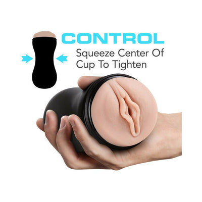 Hand holding M for Men Pussy/Pleasure Orbs Vanilla with text showing how to squeeze center to tighten for customizable control.