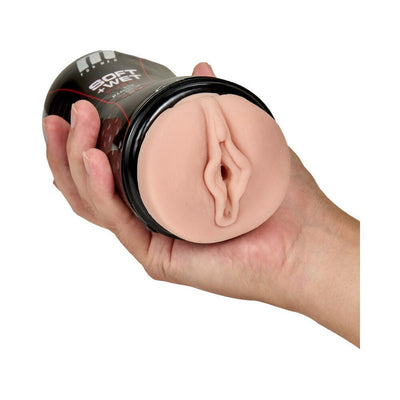 Hand holding a M For Men Pussy pleasure ridge orbs male masturbator with realistic vaginal opening in vanilla color.