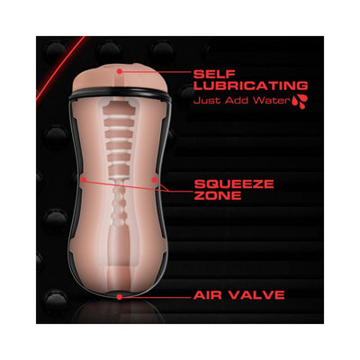 Cross-section diagram of M For Men Pleasure Ridge Orbs showing self-lubricating feature, squeeze zone, and air valve details.