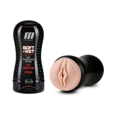 M For Men Soft + Wet self-lubricating stroker with pleasure ridges and orbs, black case with realistic textured sleeve.