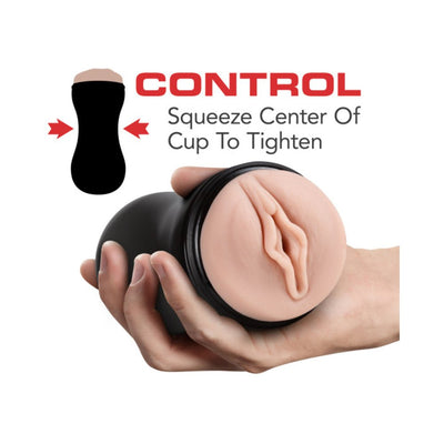 Hand holding a black M For Men pleasure ridge orbs cup with realistic vaginal opening, showing squeeze control feature to tighten grip.