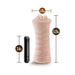 Beige Skye oral stroker for men with textured sleeve and black bullet vibrator, dimensions shown.
