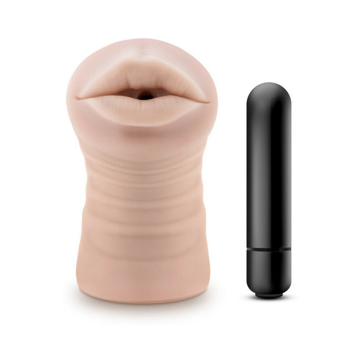 Beige Skye oral stroker for men with lifelike mouth design and included black bullet vibrator.