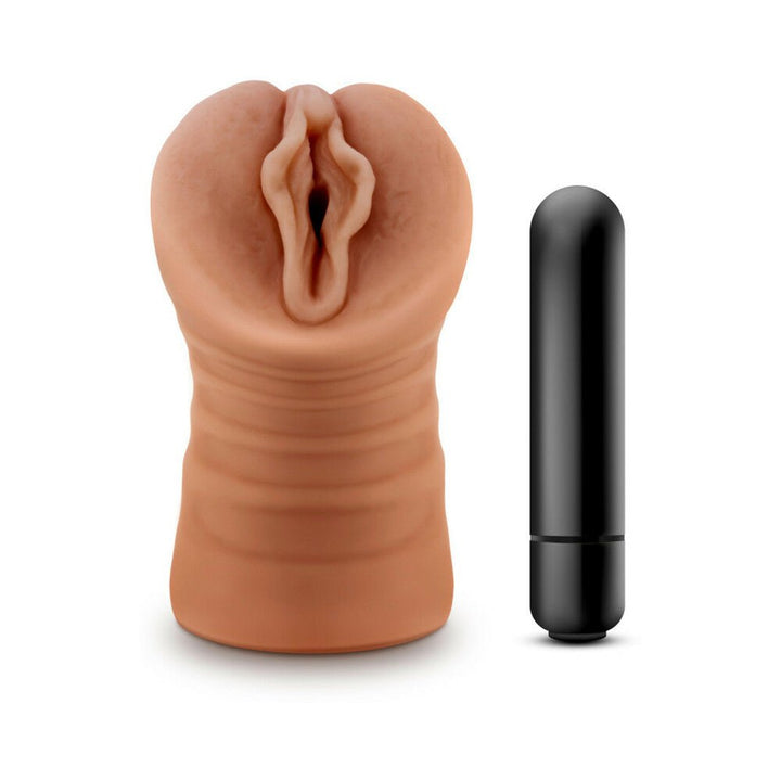 Mocha tan textured male stroker with open-ended design and black single-speed bullet vibrator on white background.