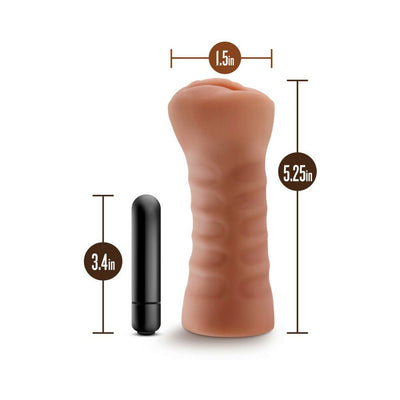 M For Men Sofia Mocha Tan textured vagina stroker with included black bullet vibrator, shown with size dimensions.