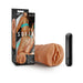 M For Men Sofia Mocha Tan soft textured vagina stroker with black bullet vibrator and product packaging.