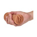 Hand holding a mocha tan M For Men Sofia soft textured vagina stroker sleeve.