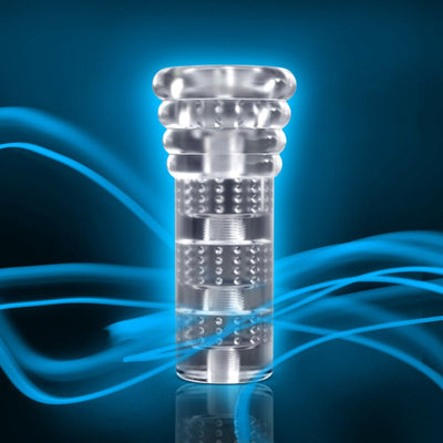 Clear M For Men All Nighter stroker with textured interior and glowing blue light effect on dark background.