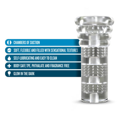 Clear textured male stroker with suction chambers and glow-in-the-dark feature, made from soft, body-safe TPE material.