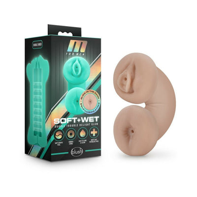 Blush M for Men Soft and Wet Double Trouble Glow in the Dark ivory stroker with dual ends and packaging box.