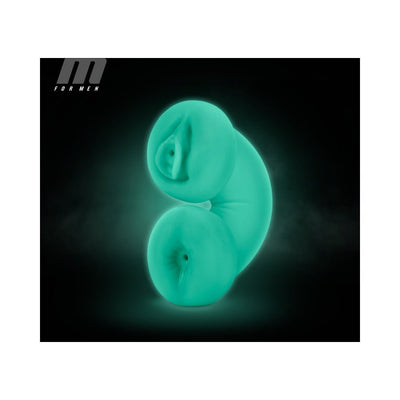 Glow-in-the-dark soft and flexible dual-ended men's stroker in ivory color with self-lubricating design.