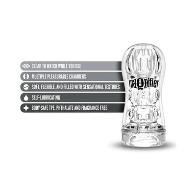 Clear Blush M for Men Soft and Wet Magnifier Stroker with labeled features including multiple chambers and self-lubricating design.