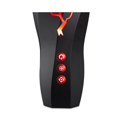 Close-up of M For Men Storm Masturbator showing black body with three red control buttons and illuminated design detail.