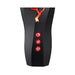 Close-up of M For Men Storm Masturbator showing black body with three red control buttons and illuminated design detail.