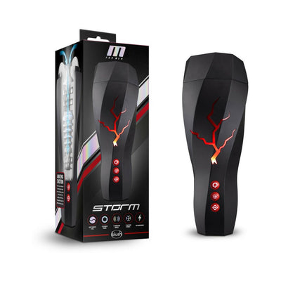 M For Men Storm Masturbator in black with red lightning design and control buttons, shown with packaging box.