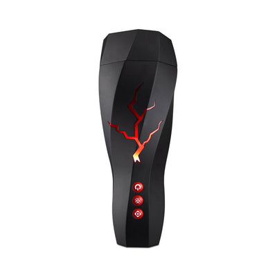 Black M For Men Storm Masturbator with red lightning design and three illuminated control buttons on front panel.
