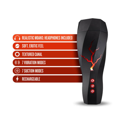 Black M For Men Storm Masturbator with red illuminated crack design and control buttons, highlighting key features on a white background.