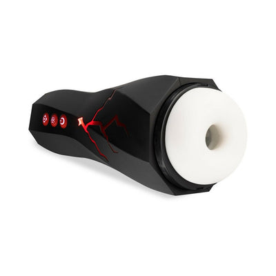Black and white M For Men Storm Masturbator with red light accents and control buttons on a white background.