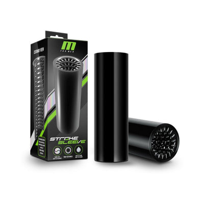 Black M for Men Stroke Sleeve with textured interior and packaging showing product features and cutaway view.