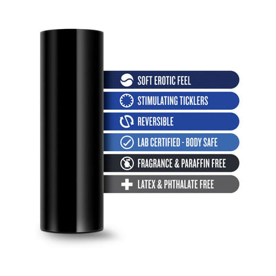 Black stroke sleeve with key features listed including soft feel, stimulating ticklers, reversible, body safe, fragrance and paraffin free, latex and phthalate free.