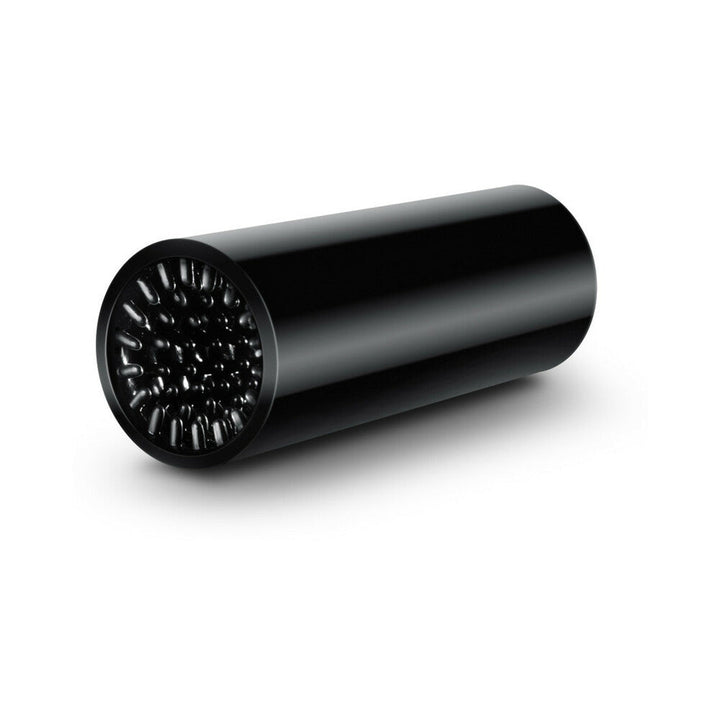 Black cylindrical stroke sleeve with textured interior for enhanced sensation and pleasure.