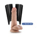 Black stroke sleeve with internal stimulating ticklers shown open around a realistic flesh-toned dildo model.