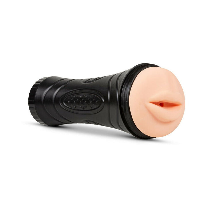 Black diamond grip canister male pleasure sleeve with soft, realistic lips in vanilla color on white background.