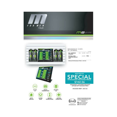 Blush M for Men M2 Merchandising Kit with four black stroker packages and a green interactive tester display on slat wall and countertop options.